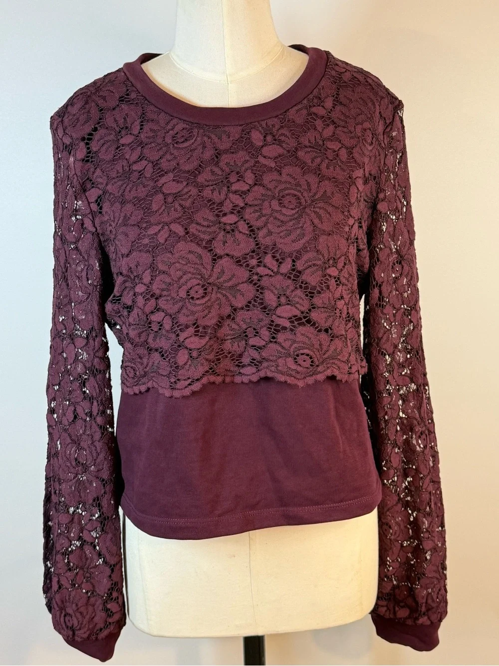 Anthropologie Plum Lace Overlay Long-Sleeve Top